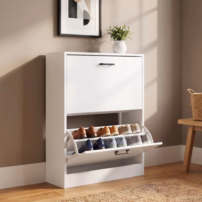 Modern White Slim Shoe Storage Cabinet with Tilting Compartments and Ventilation for your Hallway