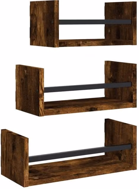 Berkfield Home 3 Piece Wall Mounted Industrial Shelf Set with Bars in Smoked Oak Brown