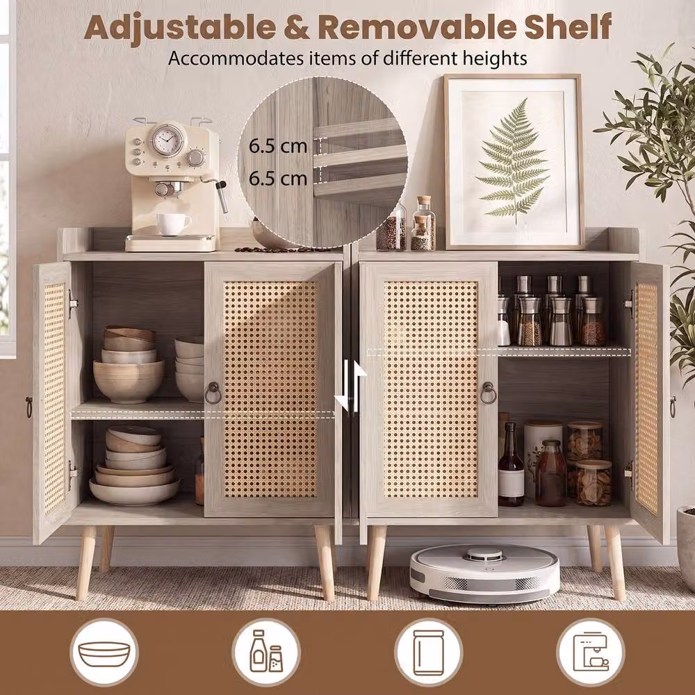 Costway Rattan Sideboard Buffet Cabinet with Adjustable Shelf in Sand Beige – 4