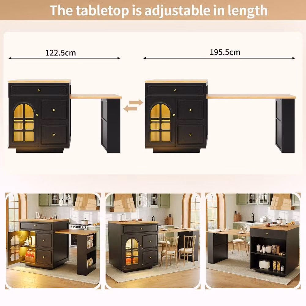 Rolipo Extendable Kitchen Island Bar Table with Storage, Glass Doors and Integrated LED Light in Matt Black – 8