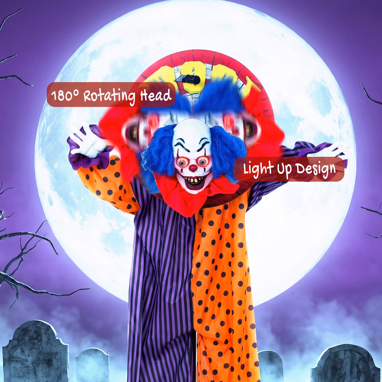 HOMCOM Life Size Animated Clown Halloween Decoration, Multicolour Scary Animatronics with Sound and Touch Activation, Height: 167 cm – 4