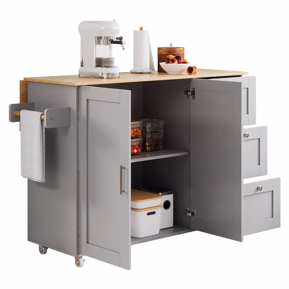 BTM Rolling Kitchen Island with Foldable Top, 3 Drawers and 2 Doors in Grey, H 90 x W 70 x D 70 cm – 5