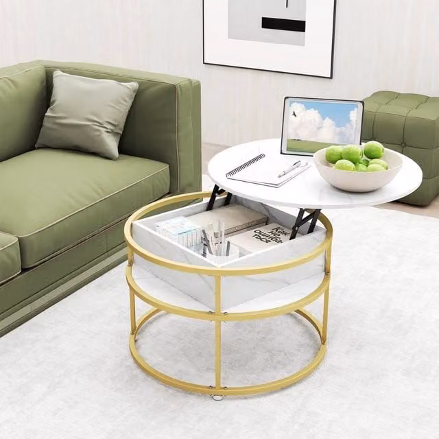 KORVIXA Modern Round Lift Top Coffee Table in White and Multicolour, W/D: 100 x 100 cm – 1