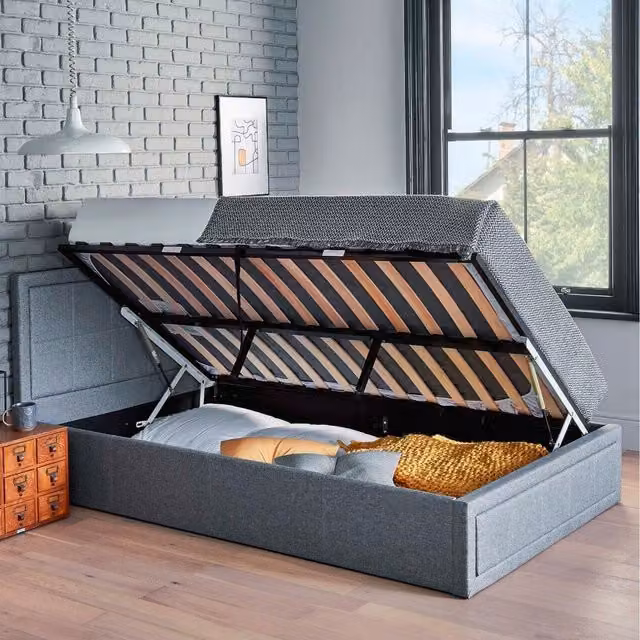Home Treats Grey Upholstered Modern Lift Up Ottoman Bed with Hybrid Mattress, W/D/H: 120 x 200 cm