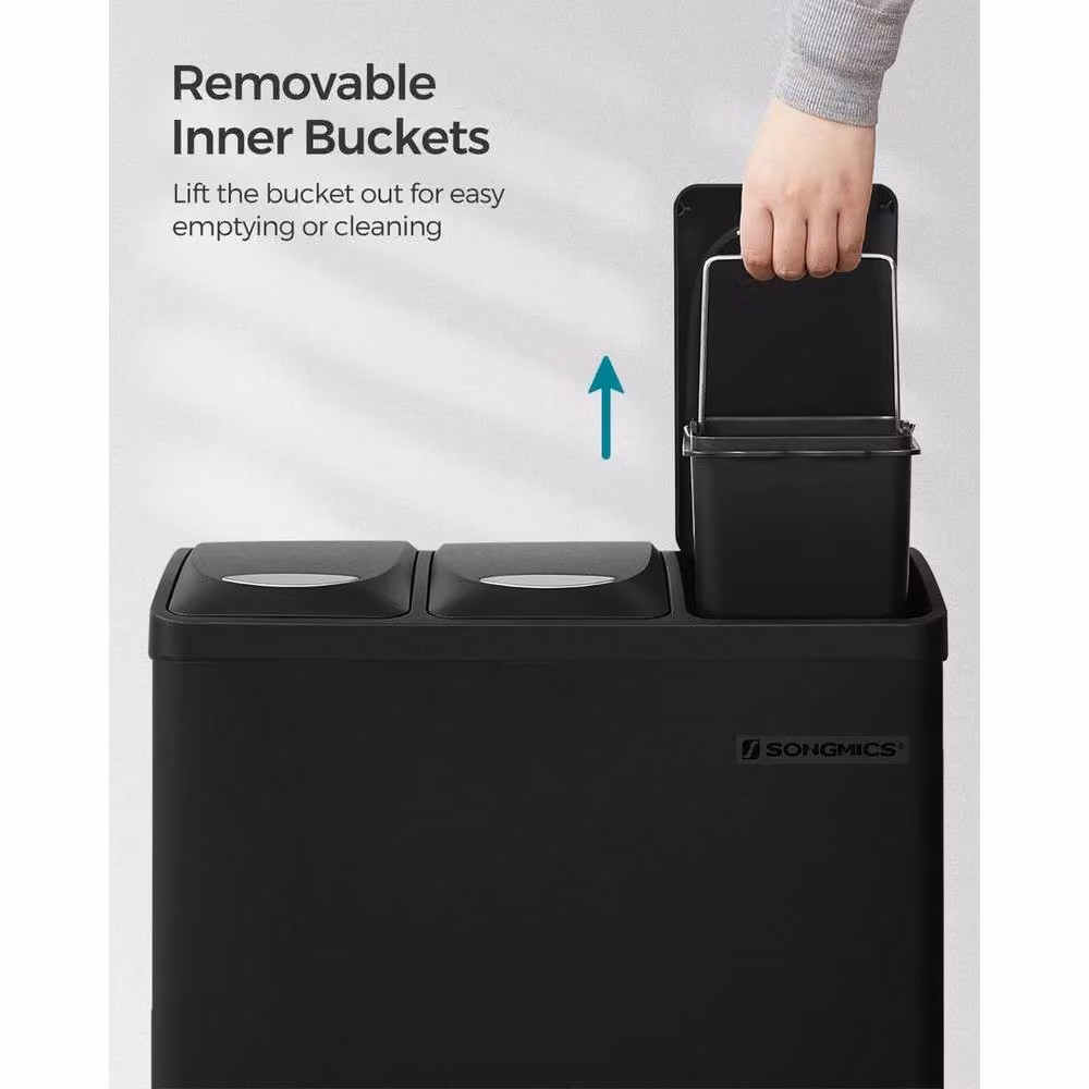 Kelvenix Black Steel Pedal Kitchen Waste Bin with 3 x 8L Removable Inner Buckets, W/D/H: 39.5 x 39.5 x 47 cm – 4