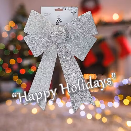 VFM e-Store Light Up Tinsel Bow Christmas Decoration, Silver, W/D/H: 29 x 43 x 10 cm – 5