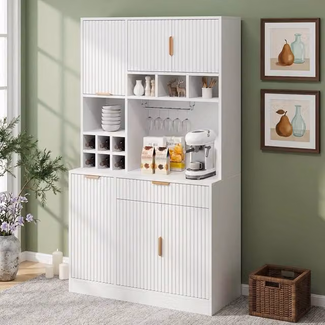 Merax Modern Tall Kitchen Pantry Cabinet in White with Power Outlets, Wine Storage and Glass Doors, H: 175 cm, W: 100 cm, D: 40 cm