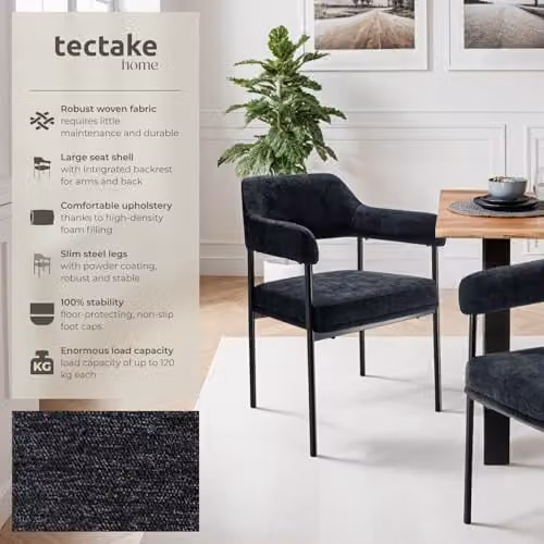 tectake Set of 6 Doe Armchairs in Black Woven Fabric with Metal Legs – 4