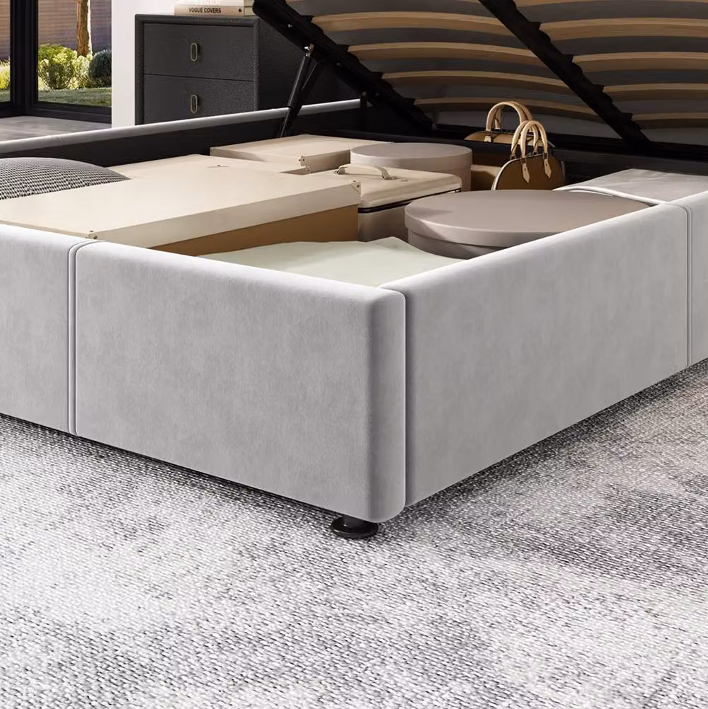 STILVORA Grey Upholstered Double Bed with Storage, USB Charging Port and Under-Bed Lighting, W/D/H: 150 x 200 x 43.5 cm – 7