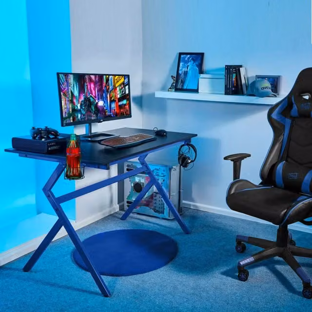 Neo Ergonomic Gaming Desk with Headphone Hook in Blue