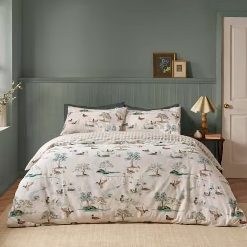 Catherine Lansfield Mallards Reversible Cotton Flannelette Double Duvet Cover Set, Beige and Multicolour, Duvet Cover 200 x 200 cm, Pillowcase 50 x 75 cm – 1