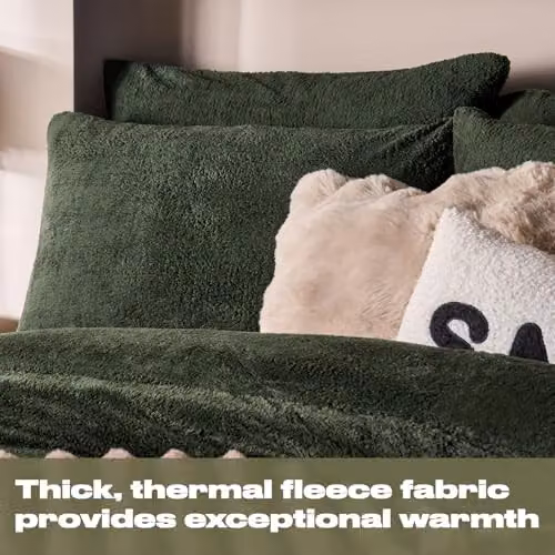 OHS Thermal Soft Teddy Fleece Duvet Cover and Pillowcase Set, Green, W/D/H: 180 x 200 cm, Pillowcase: 50 x 75 cm – 3