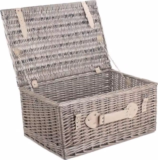 Red Hamper Wicker Picnic Basket in Grey and Red with Antique Wash and Open Weave, W: 51 cm, H: 34 cm, D: 24 cm