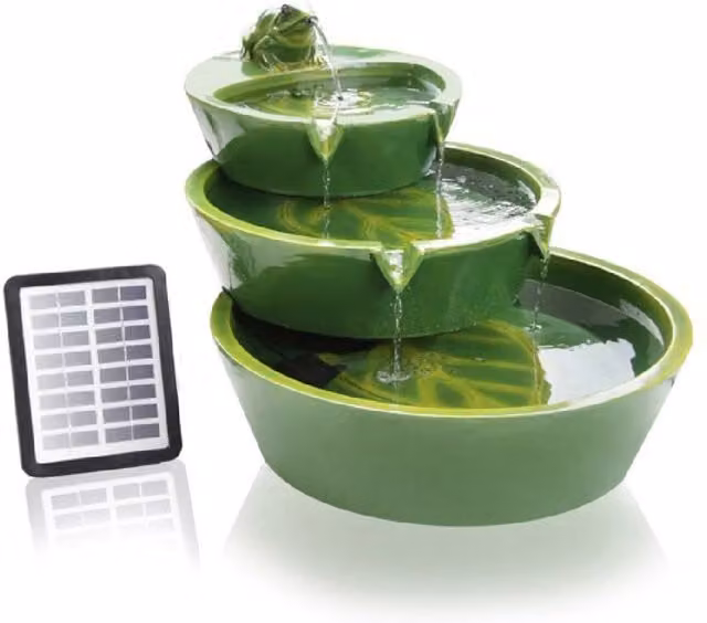 Primrose Frog Upon Lily Pads Solar Powered Cascading Tabletop Water Feature in Brown and Green