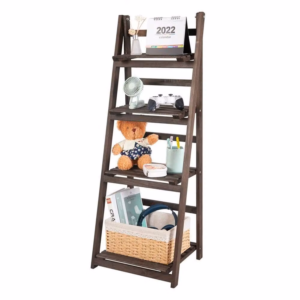 FORGEVIO Wooden Ladder Shelf Plant Stand, Rustic Brown Folding Open Rack – 2
