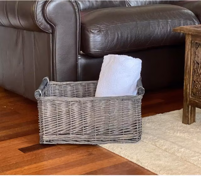 Topfurnishing Grey Wicker Log Fireplace Storage Basket with Handles, 41 cm