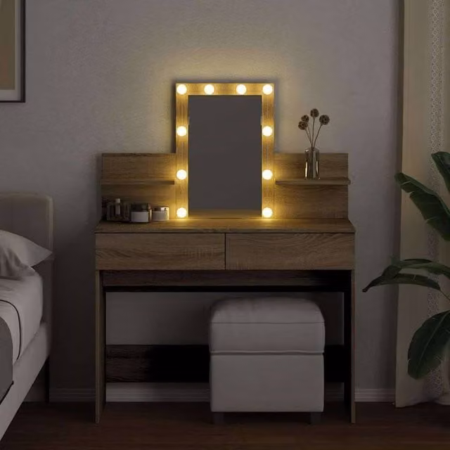 Berkfield Home Beautiful Hollywood LED Dressing Table in Sonoma Oak Light Brown, W/D/H: 100 x 40 x 130 cm