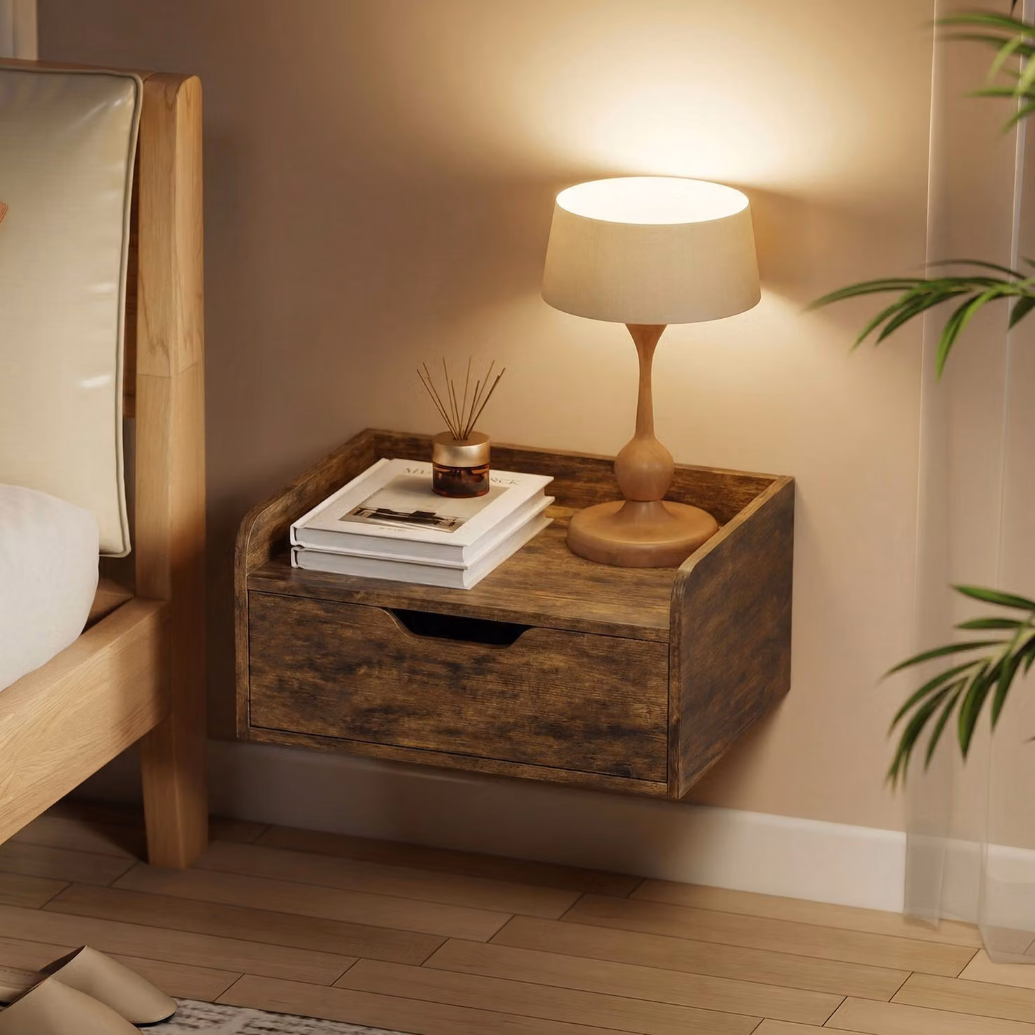 HOMCOM Set of 2 Floating Nightstands, Wall Mounted Bedside Tables with Drawer in Rustic Brown – 5