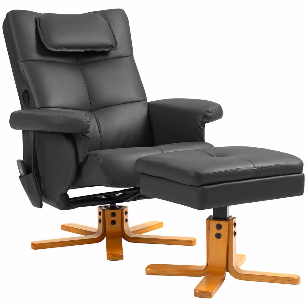 STILVORA Modern Motorised Massage Recliner with Storage Ottoman and USB-C in Black Synthetic Leather – 4