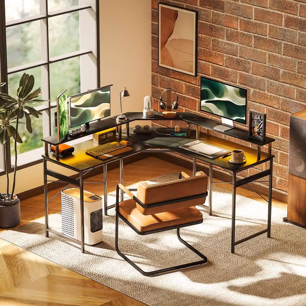 Rolipo Modern L-Shaped Corner Desk with LED Lights in Black – 4