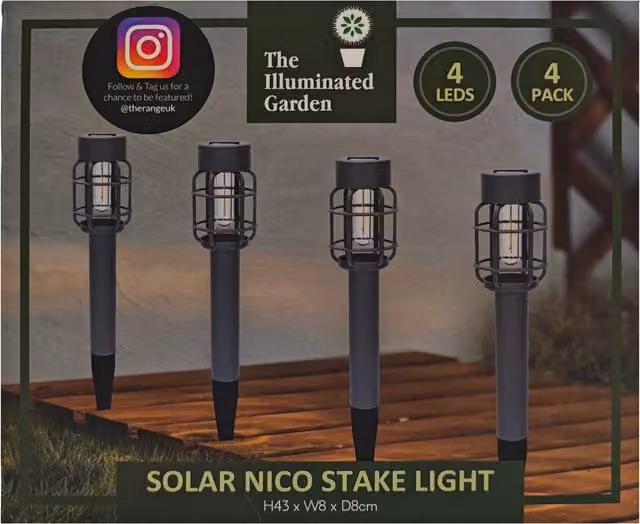 Pack of 4 Solar Nico Stake Lights in Grey with Warm White Illumination