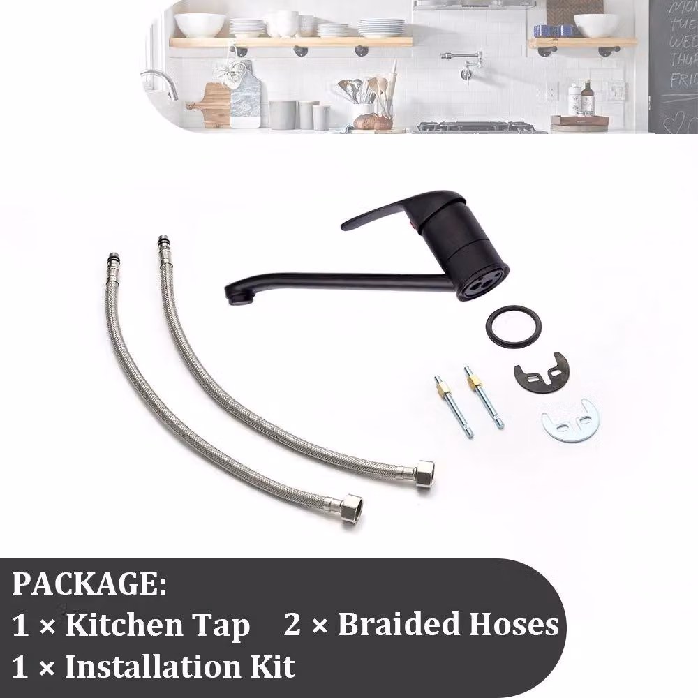 BATHWEST Matte Black Single Lever Kitchen Mixer Tap with 360 Swivel Spout in Brass – 5