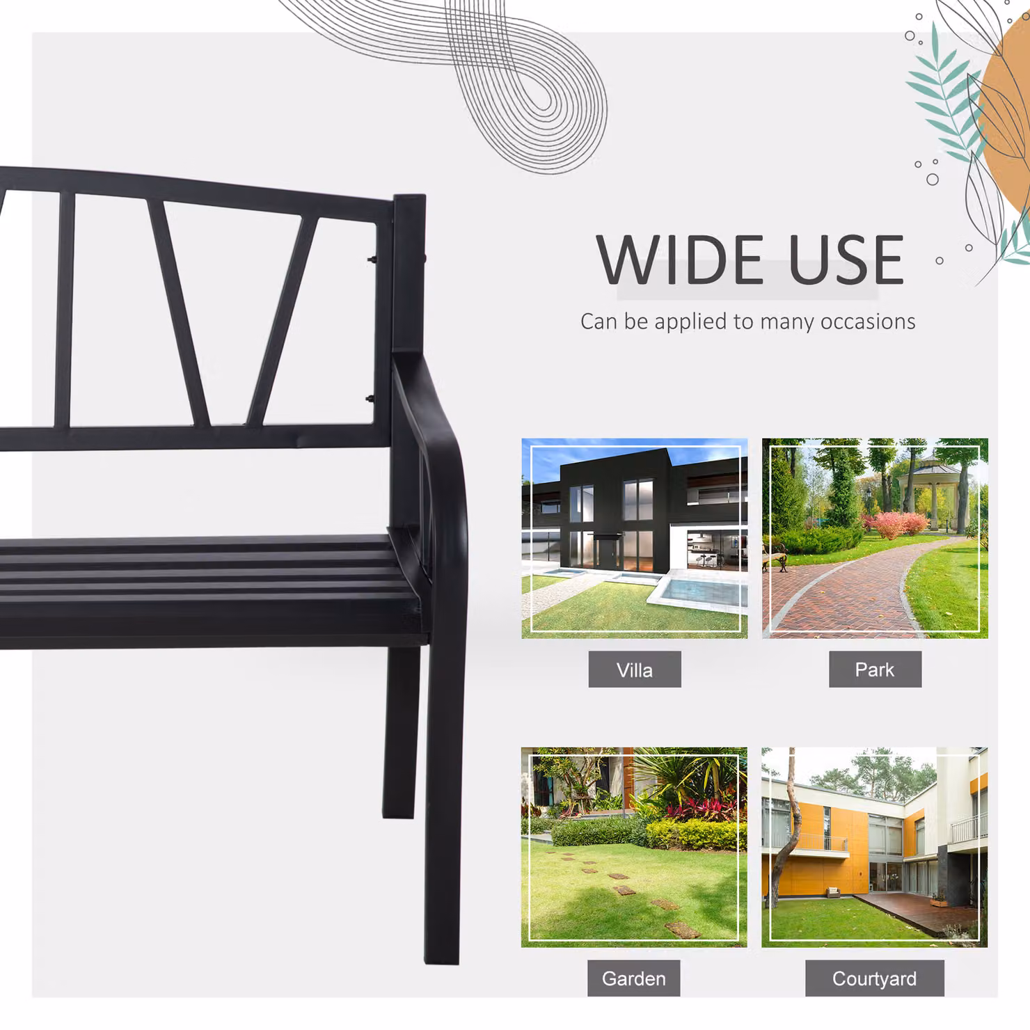 Outsunny 2 Seater Metal Garden Bench in Black with Armrests and Decorative Backrest – 6