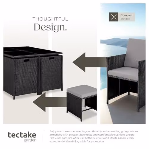 tectake Polyrattan Garden Furniture Set with Aluminium Base, Including 4 Dining Chairs, 1 Table and 4 Stools, Black/Grey – 6