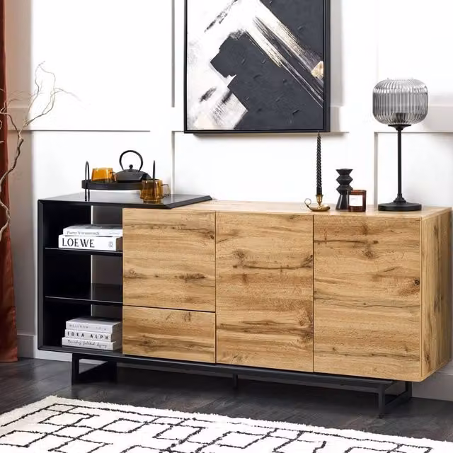 Wyld and Coco Modern Sideboard in Brown and Black, W: 160 cm, D: 40 cm, H: 75 cm