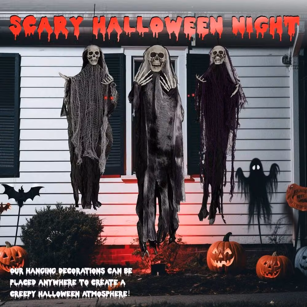 PAWNORA 3-Pack Grey Hanging Halloween Skeleton and Animal Textile Decorations – 4