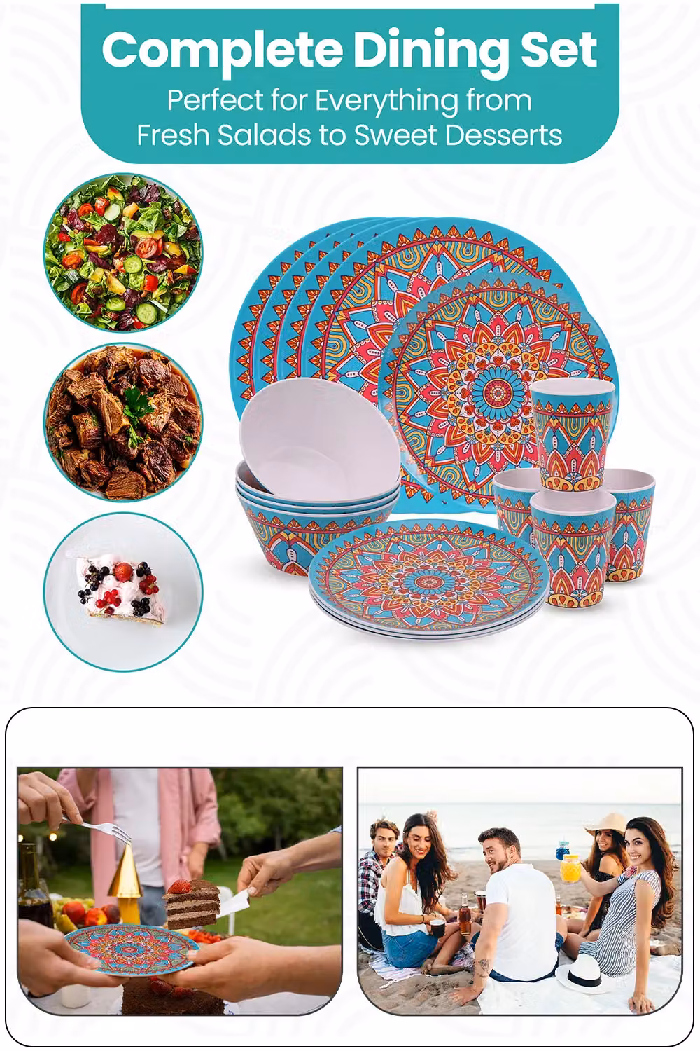 Neel Blue 16 Piece Melamine Dinner Set with Geometric Swirl Design in Blue and Multicolour – 4