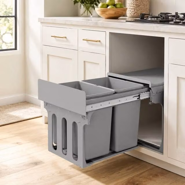 STILVORA Pull Out Bin in Grey with 2 x 15L Removable Compartments and Soft Close Flip Lid – 1
