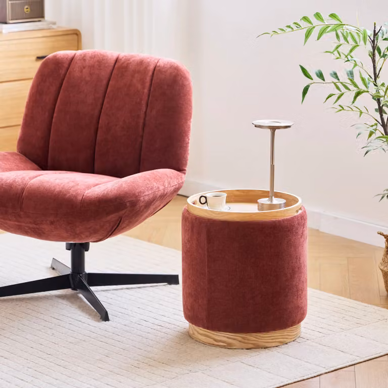 KEMI Red Velvet Cylindrical Storage Pouf with Brown Wooden Base