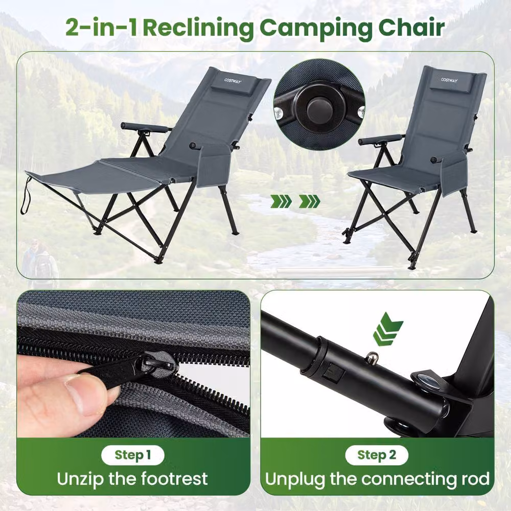 Costway 2-in-1 Reclining Camping Chair with Footrest and Armrests in Grey – 7