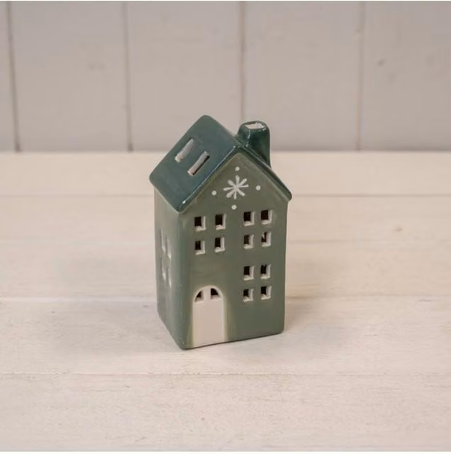 KDMD Green Ceramic LED Christmas House with Single Snowflake and 6-Hour Timer