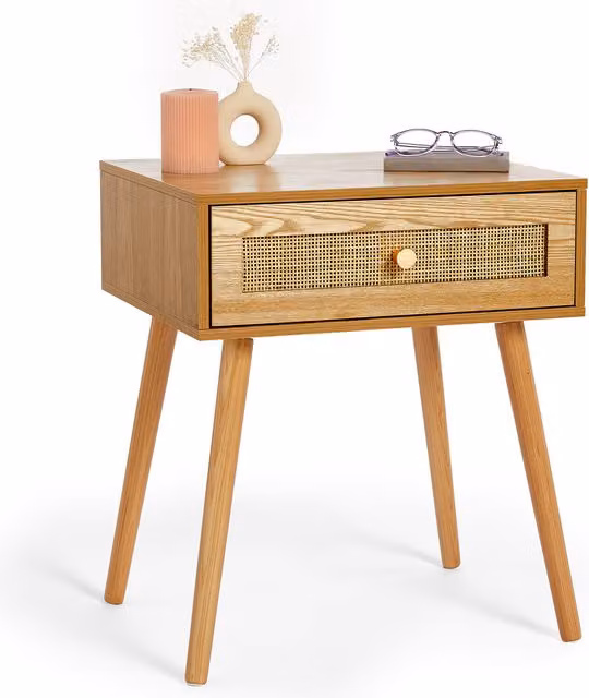 VonHaus Sienna Boho Bedside Table with Rattan Drawers in Brown