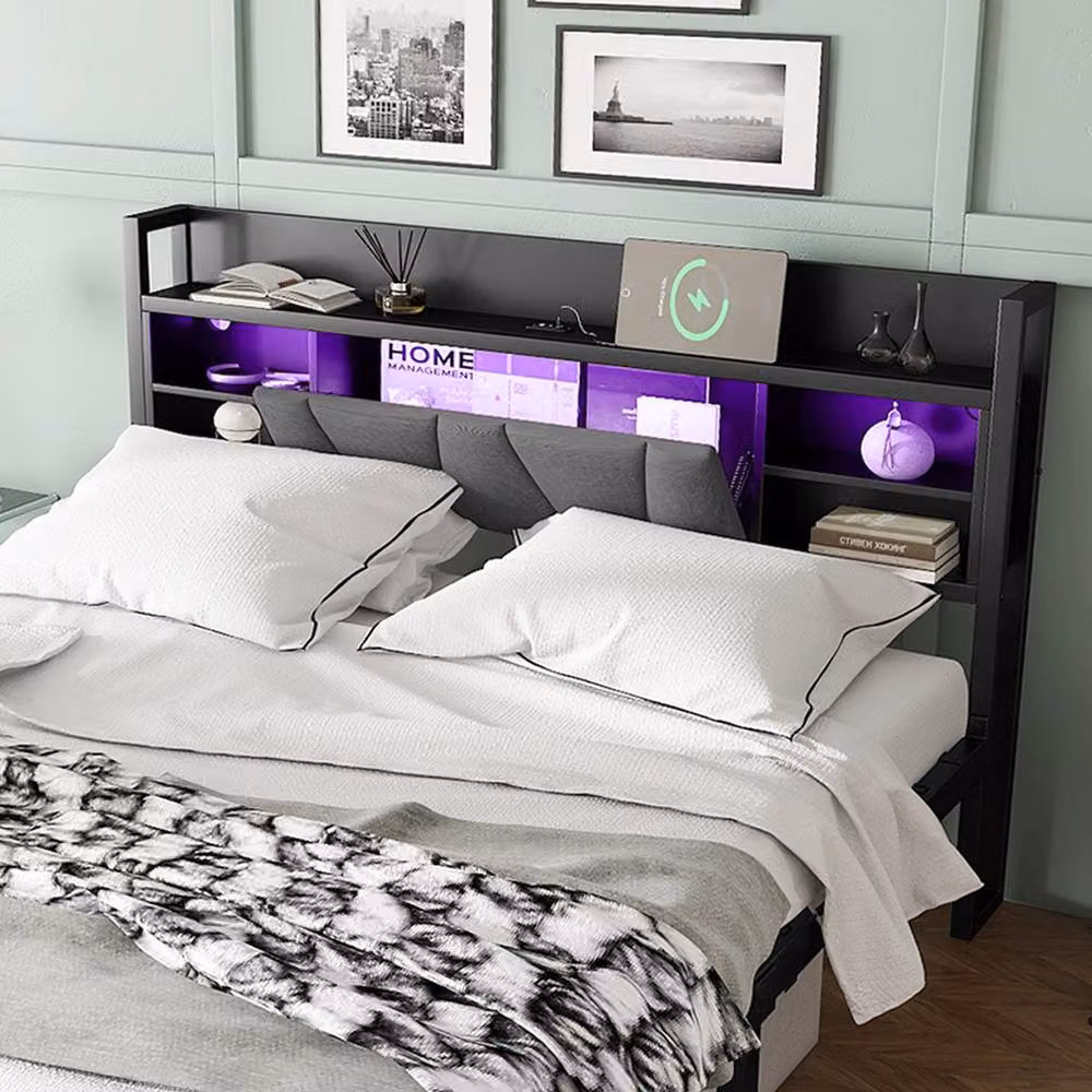 Rolipo Black 4ft6 Double Metal Bed with LED Under-Bed Lighting, Storage Drawers and USB Charging Ports – 6