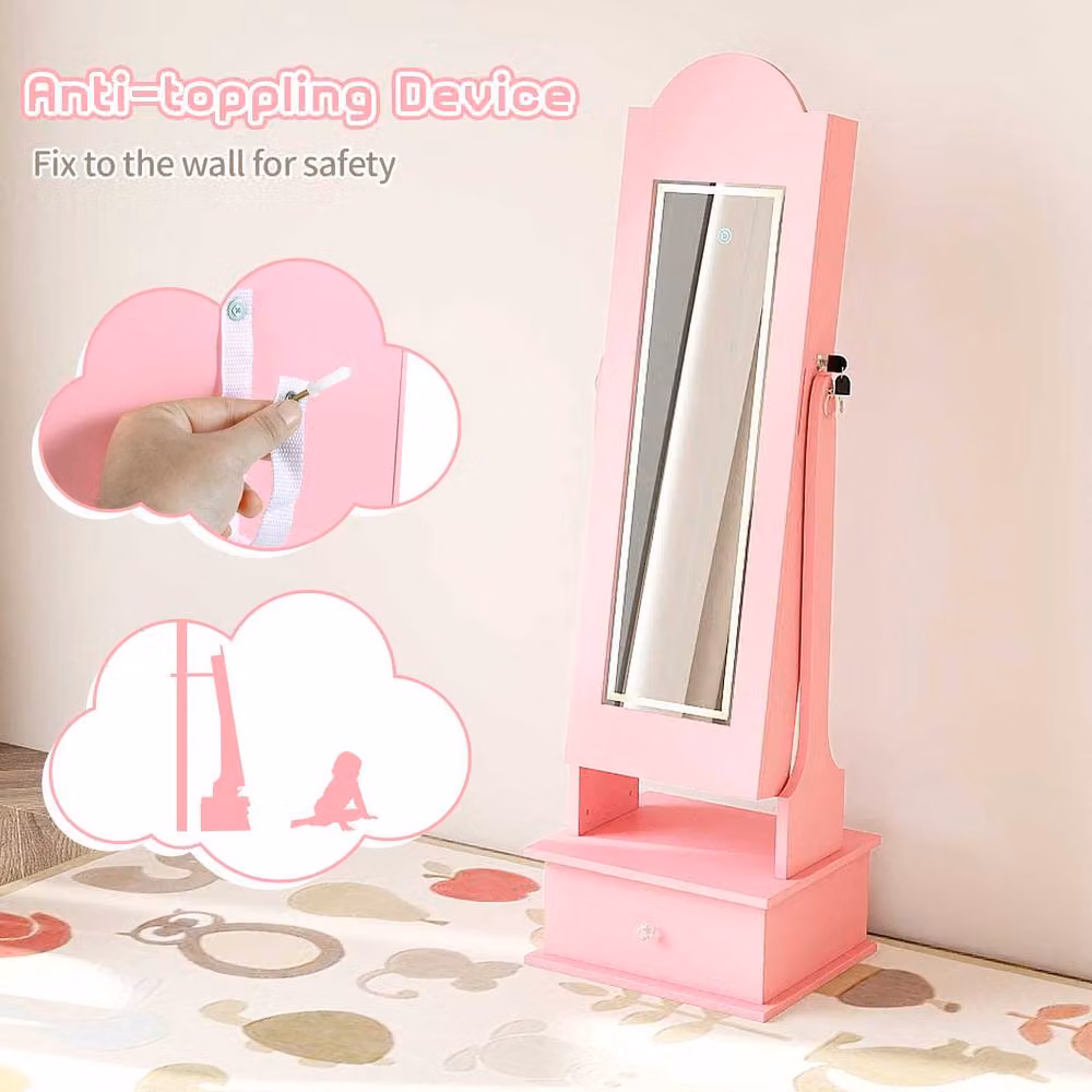 Gymax Princess Jewelry Armoire with Full-Length Mirror and LED Lighting in Pink – 2
