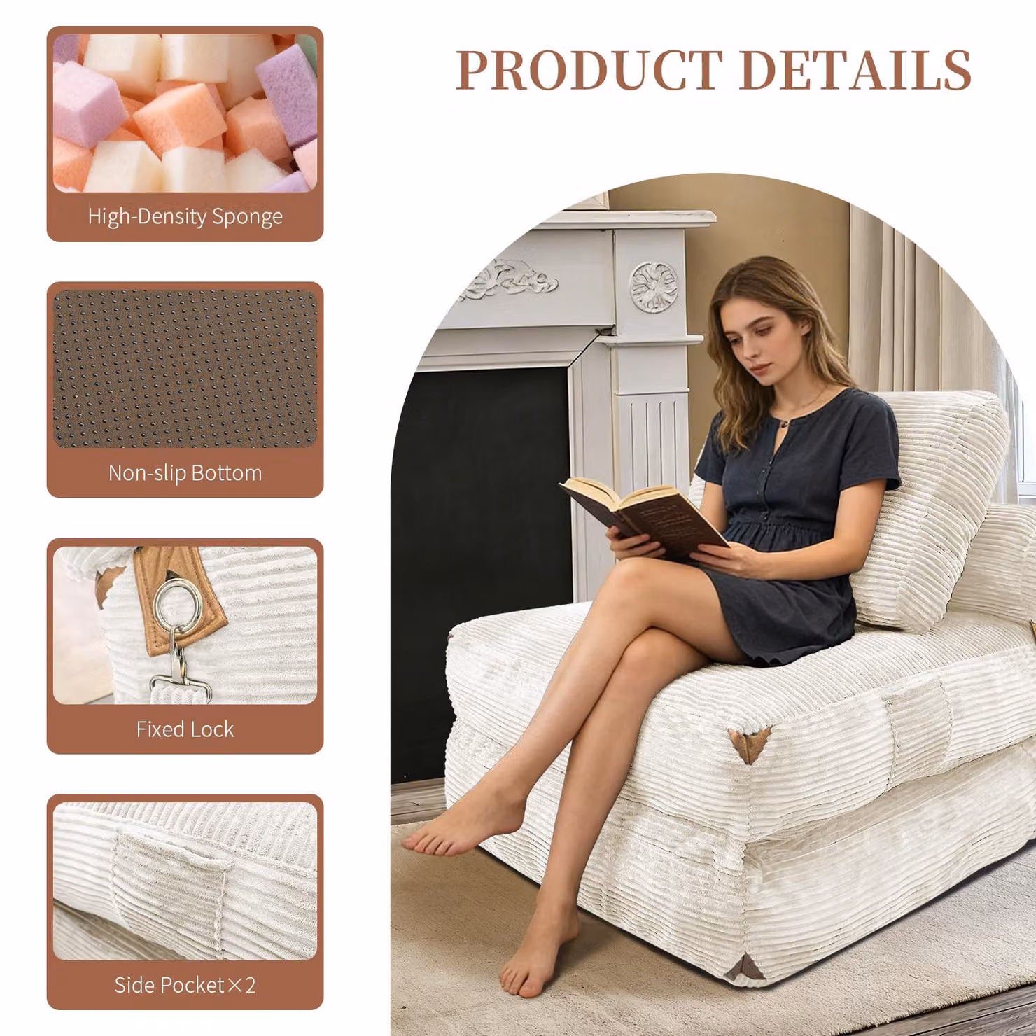 Aosom UK 3-in-1 Convertible Corduroy Floor Sofa Bed with Side Pockets, White, W/D/H: 86 x 87 x 40 cm – 4