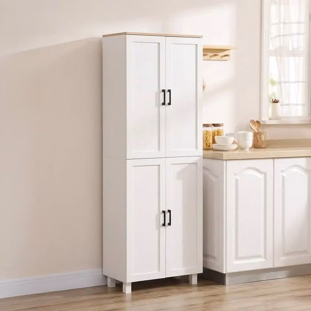 STILVORA Modern Freestanding Kitchen Storage Cabinet with 4 Hinged Doors and Internal Shelves in Matt White