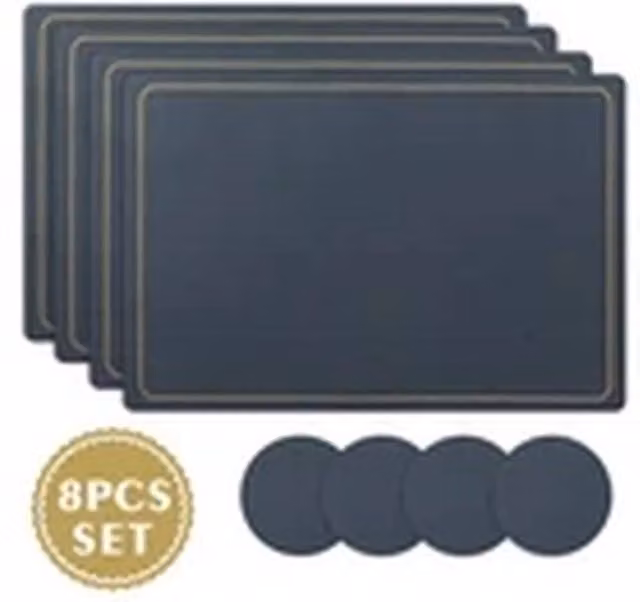 Havendro 8-Piece Dark Blue PU Leather Placemat and Coaster Set with Gold Accents
