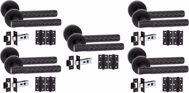 Golden Grace Matt Black Knurled Hex Cut T-Bar Door Handle Set with Latch and Ball Bearing Hinges, 5 Pack