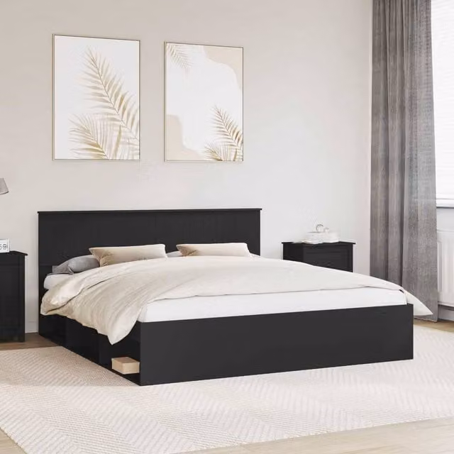 Berkfield Home Modern Bed Frame with Headboard in Black Solid Pine Wood W/D/H: 180 x 200 cm – 1