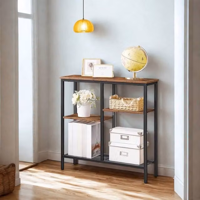 FURNOS 4 Tier Slim Hallway Console Table with Storage Shelves in Brown and Black – 1