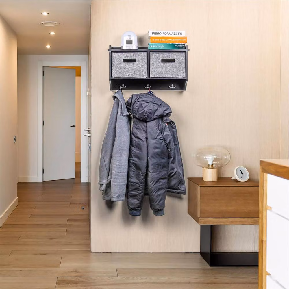 KORVIXA Black Wall Mounted Coat Hook Unit with 3 Hooks and 2 Baskets – 4