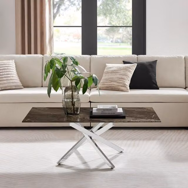 FurnitureboxUK Leonardo Rectangular Marble Effect Glass Top Coffee Table with Silver Metal Starburst Legs in Grey