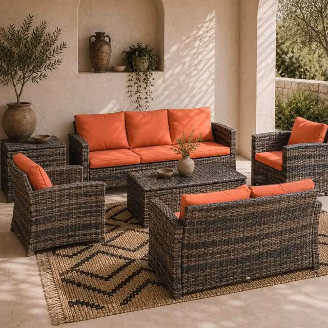 Wyld Haus Toleli 7 Seater Rattan Outdoor Sofa Set with Storage Tables in Brown and Orange