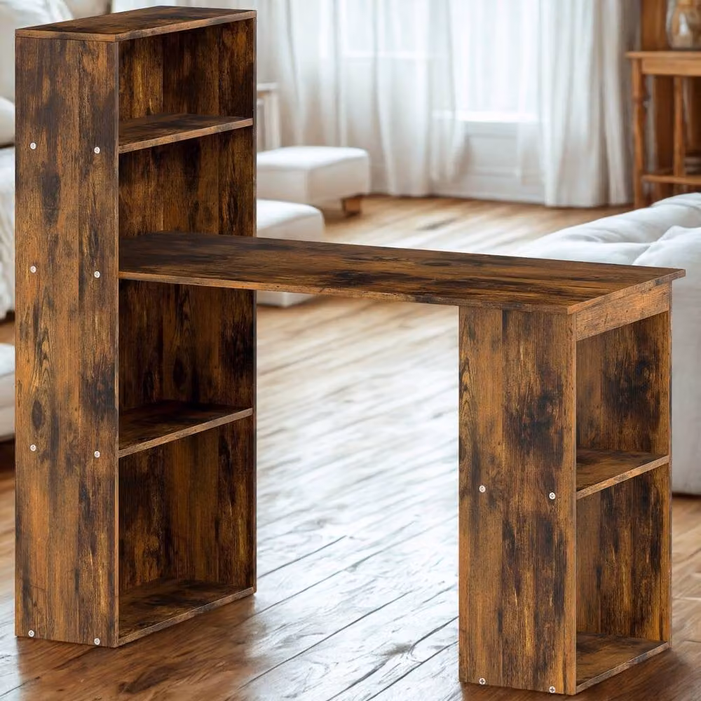 FURNOS Industrial Rustic Computer Desk with 6 Storage Shelves, Brown – 2