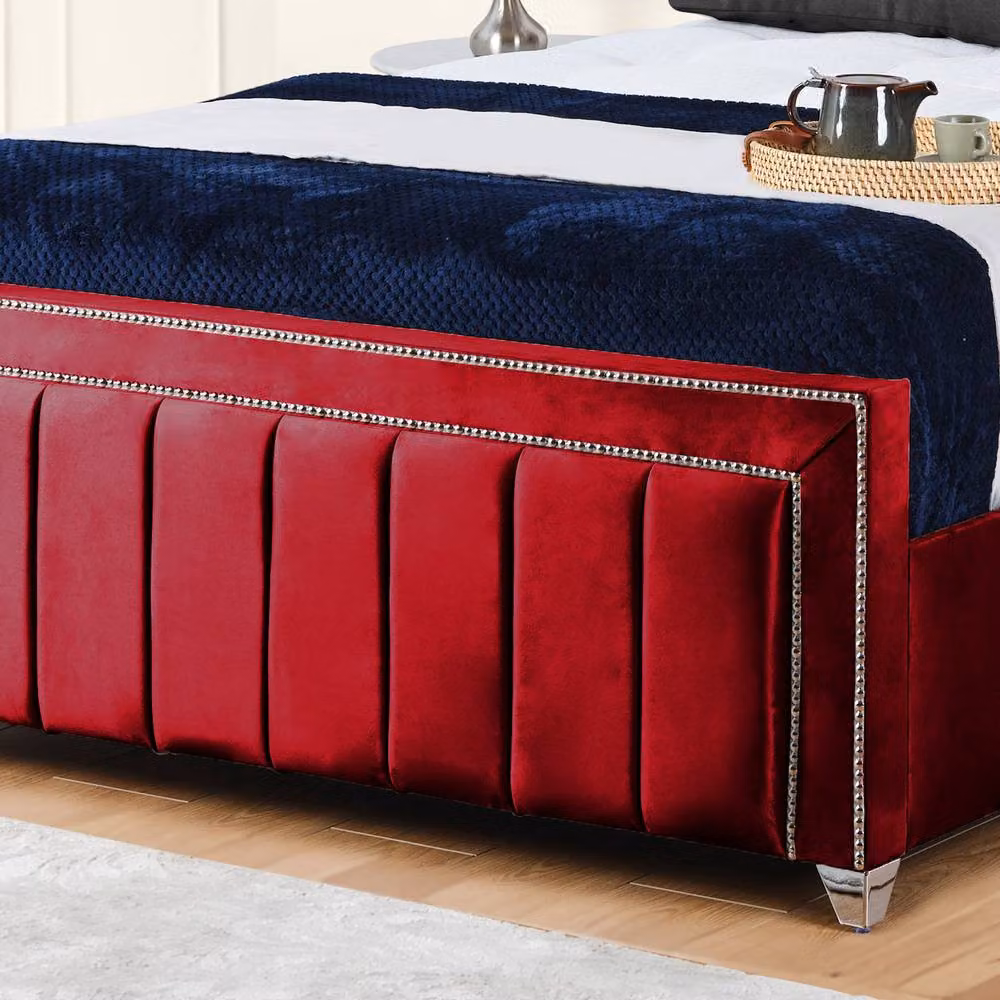UK Bed Furniture Fiona Upholstered Slatted Base Bed in Red Velvet, Size: 140 x 200 cm – 3