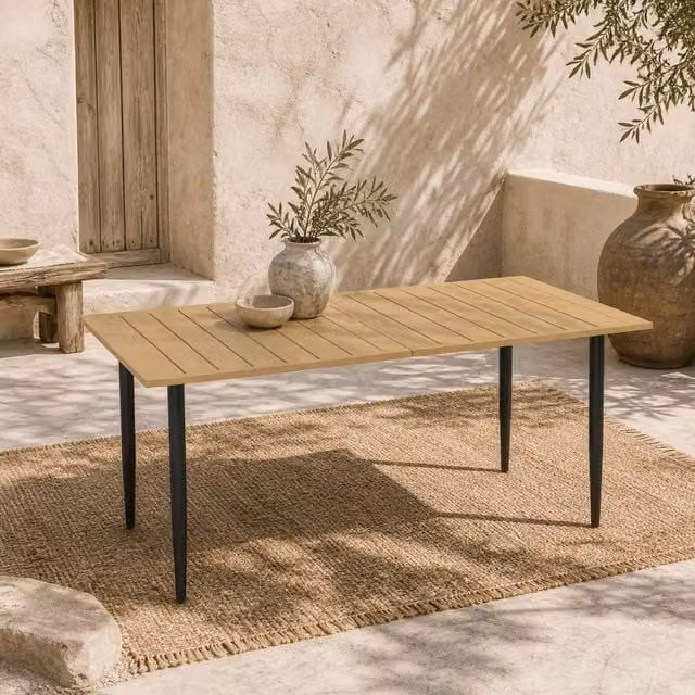 Wyld Haus Safafa Brown Slatted Metal Rectangular Garden Dining Table W/D/H: 150 x 90 x 73 cm